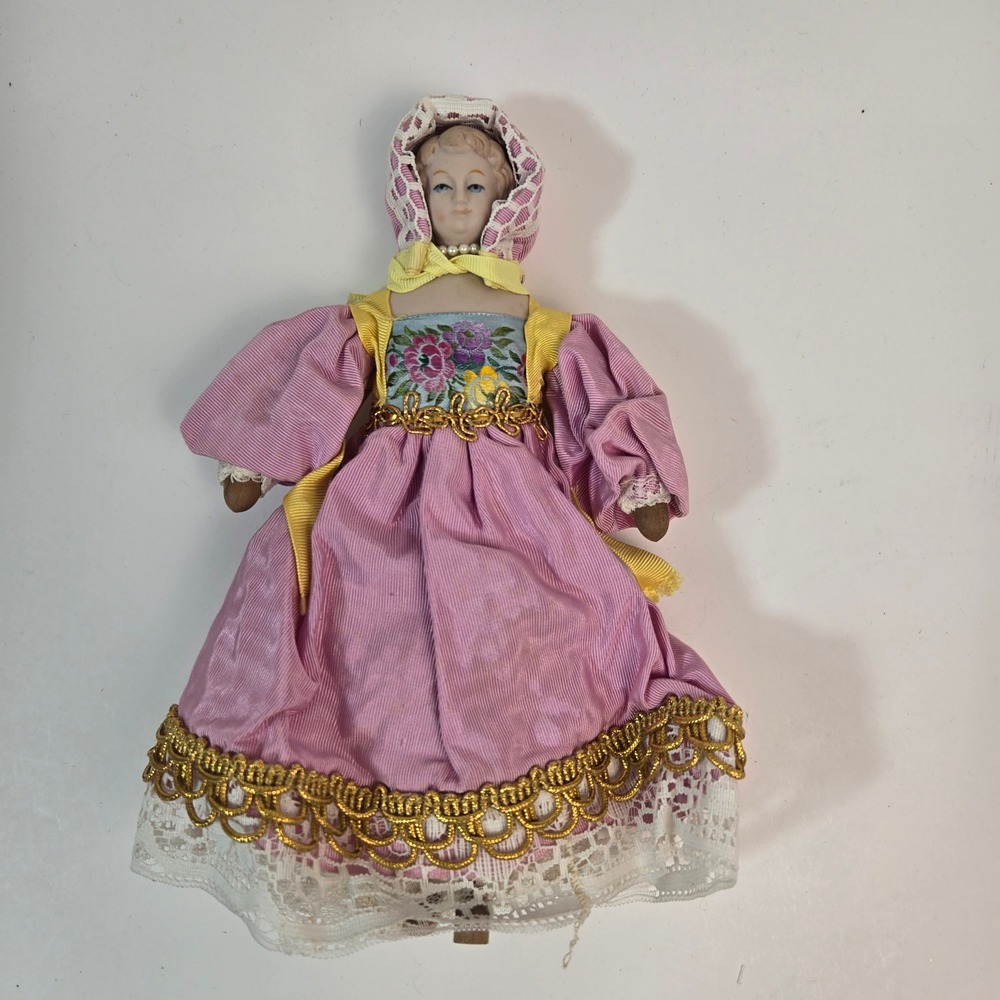 Vintage Bisque Porcelain Half Doll Jointed Peg Wood Body Pink Lace Dress 9"